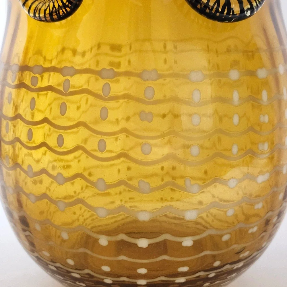 Amber Hand Blown Art Glass‎ Owl Hurricane Vase White Swirl Mid Century Style